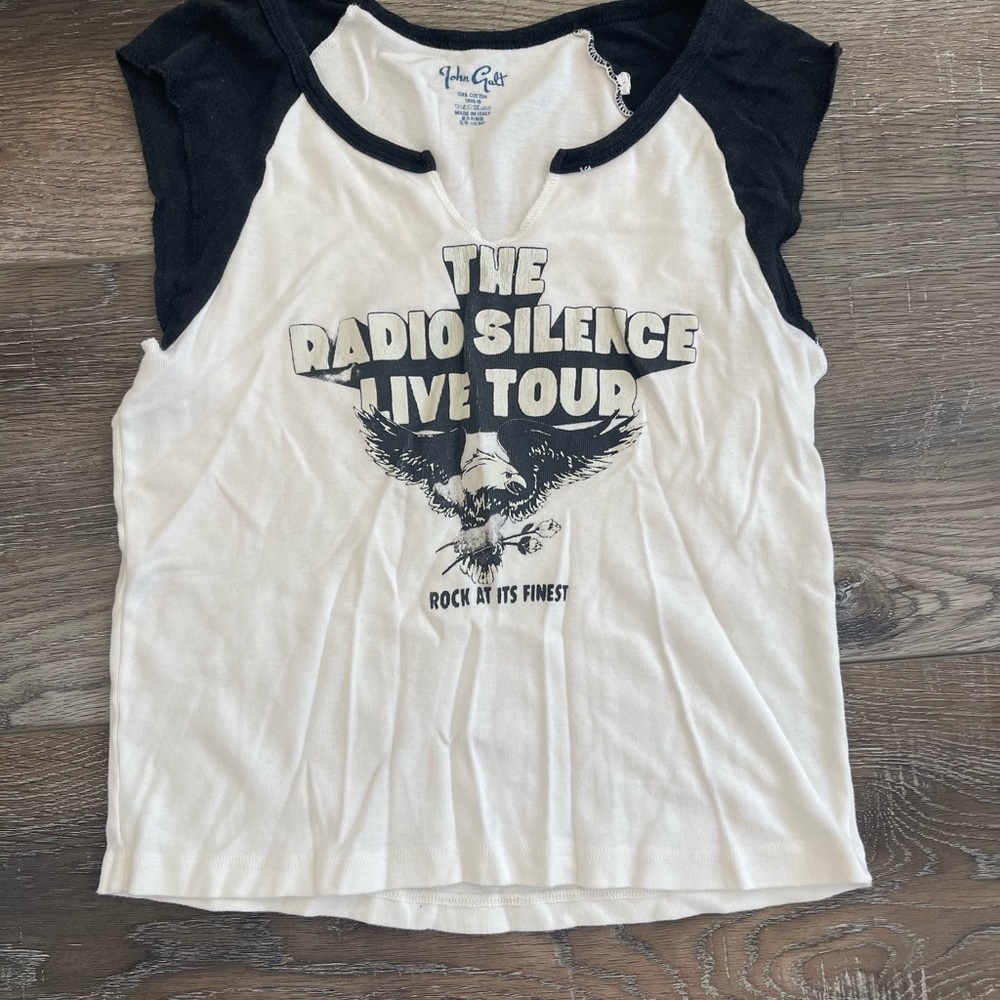 Brandy Melville John Galt White and Black Graphic Raglan Top like new one size